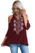 Sexy Burgundy Embroidery Detail Cold Shoulder Top